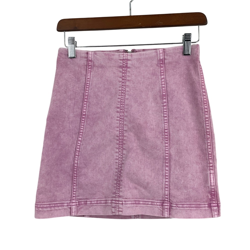 Free People Mini Skirt Womens 4 Pink Denim Acid Wash Seam Detail Boho‎ Grunge